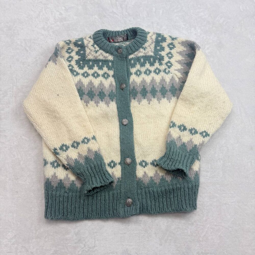 Norway Women's Wool Cardigan Sweater Cream Green Size L Vintage